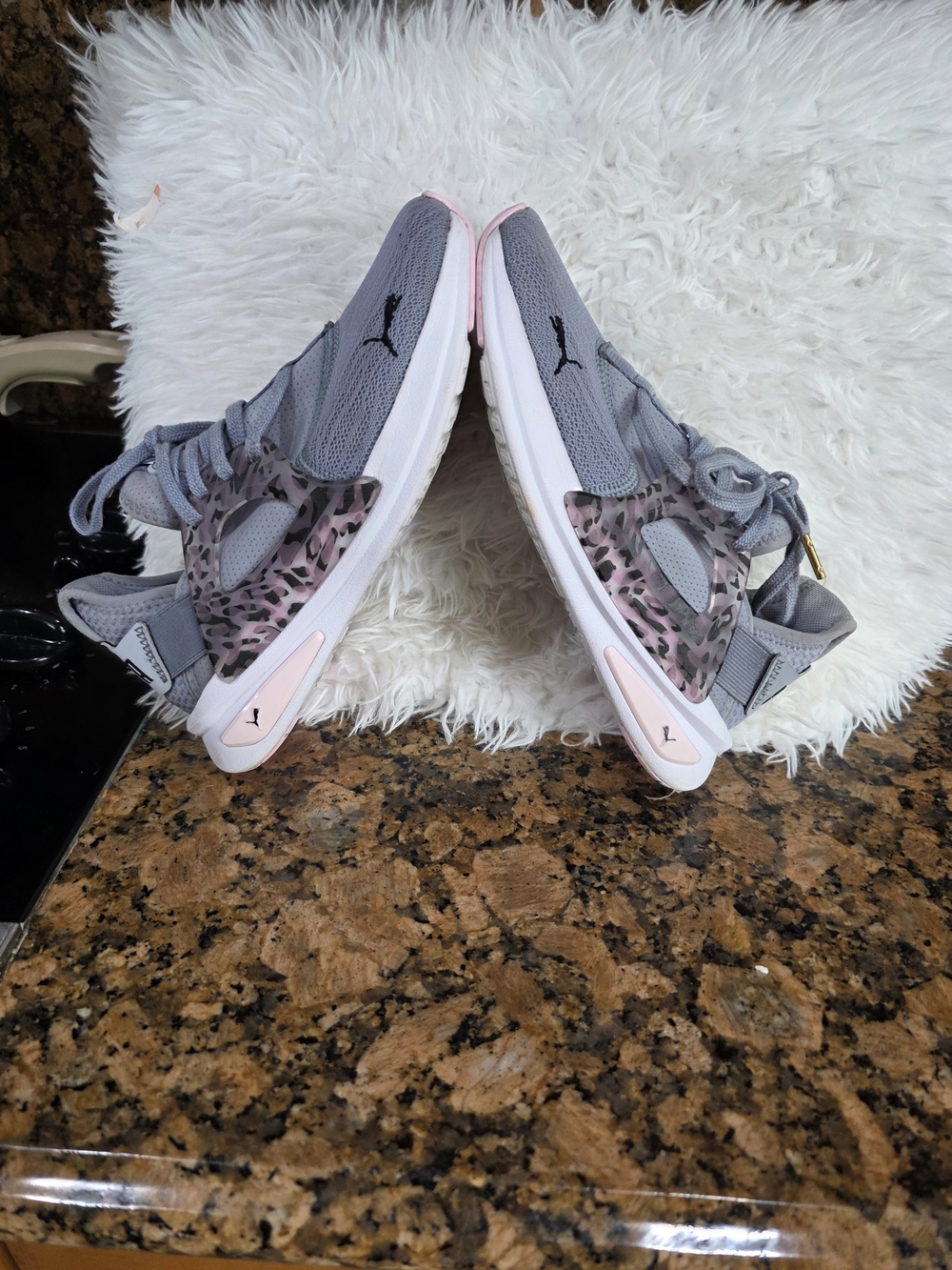 Puma Women’s Gray and Pink Athletic Sneakers with Leopard Accent